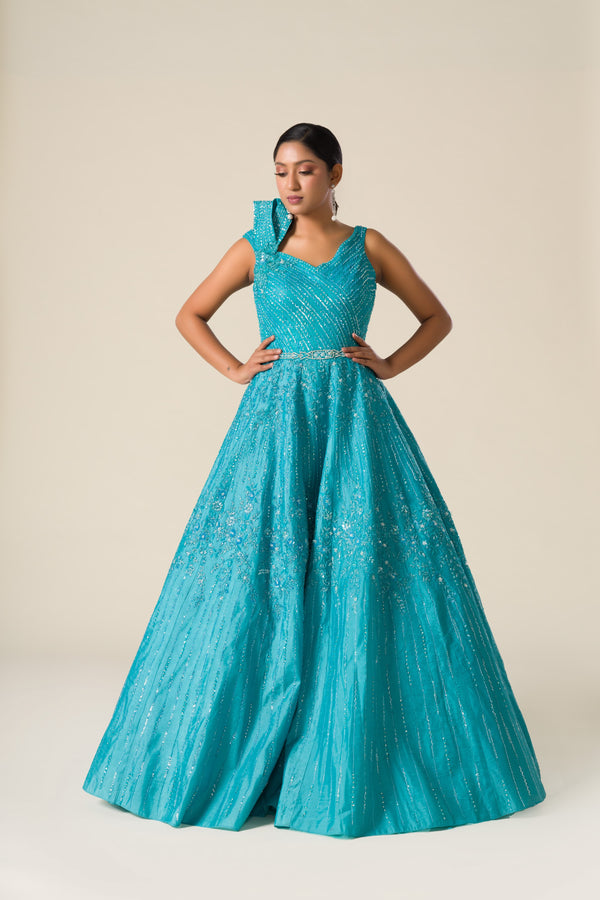 Blue Topaz Glow Gown With Cut Dana Beadwork and Sequins Detailing