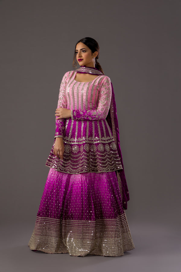 Electrifying Fuschia Glam Palazzo Suit With Gota Patti and Flared Palazzo Containing Contrasting Chunri