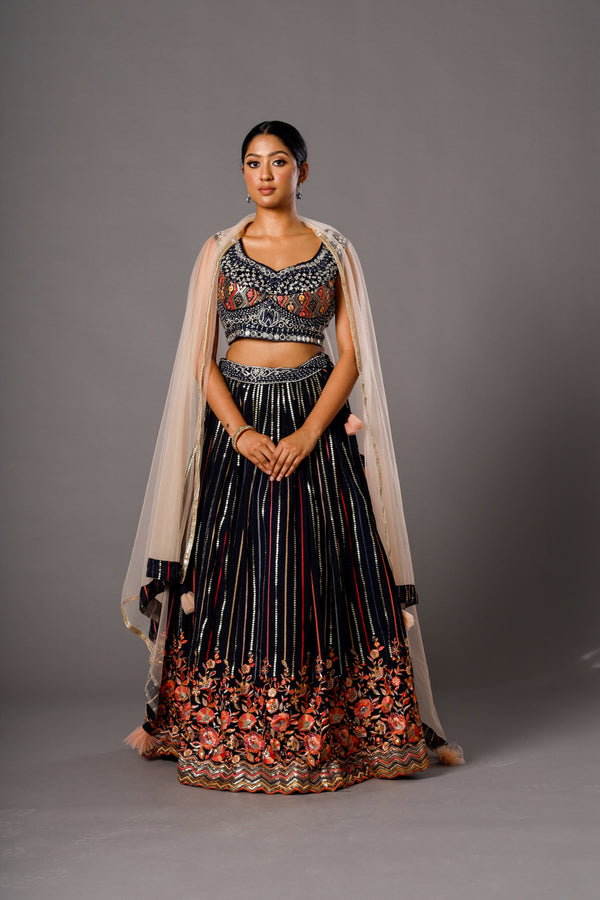 Mystic Charcoal Multicolored Lehenga Choli With Sequins and Threadwork Paired with White Organza Dupatta