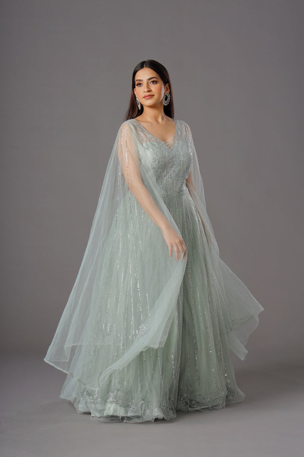 Refreshing Aqua Mist Indo-Western Formal Organza Gown with Intricate Stonework