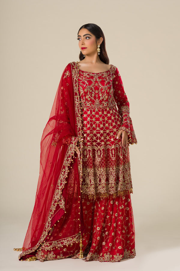 Red Tulip Elegance Lehenga Choli With Zari Cut Dana, Tilla Artwork, and Ruby Stone Paired With Cut Dana Dupatta