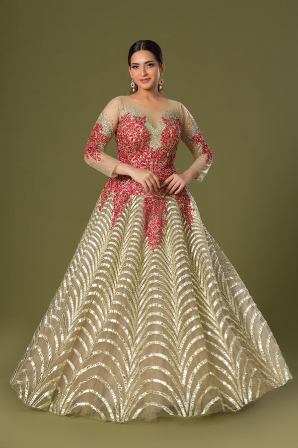 Whispering Winds Beadwork Detailing Gown With Sparkling Red Embroidery and Gota Lacing Patterned at Flares