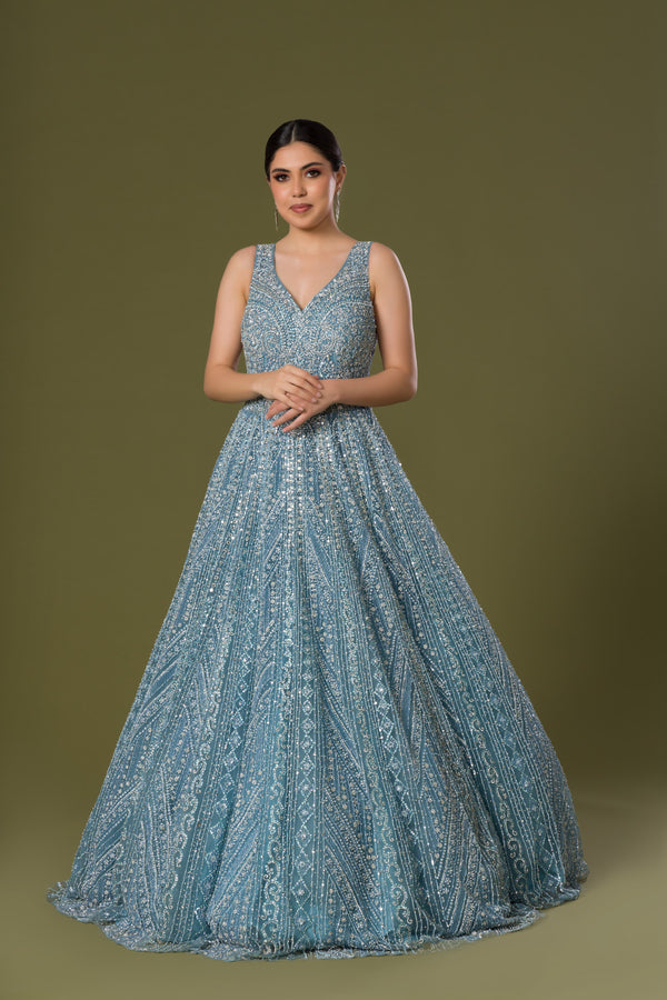 Enchanting Azure Dreams Gown With Heavy Beadwork and Stones Containing Average Flare