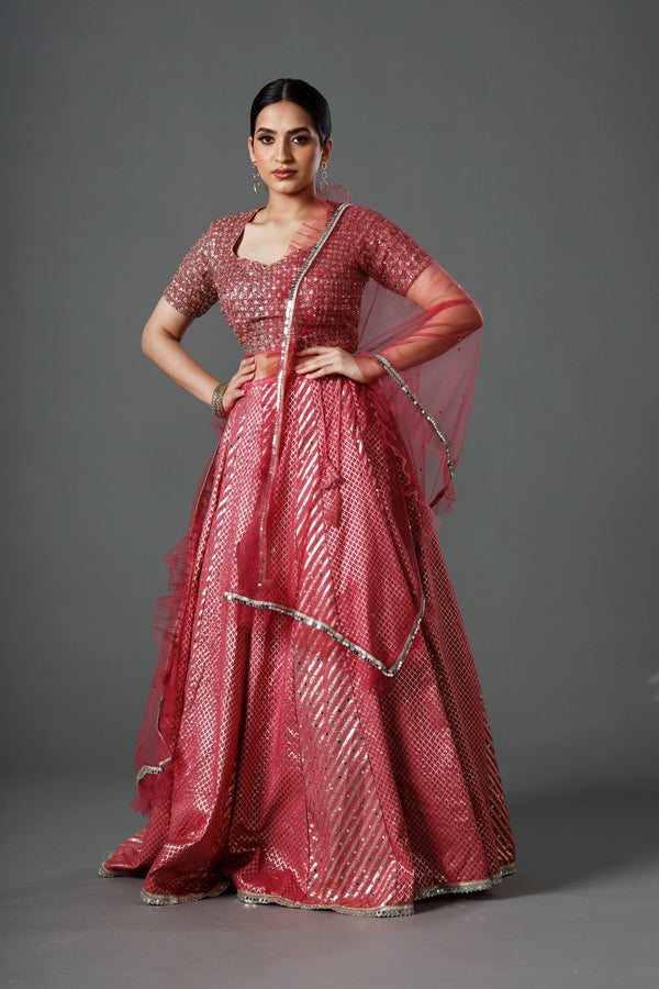 Electrifying Cherry Red Choli with Sequins and Beads Paired With Zari Banarsi Lehenga