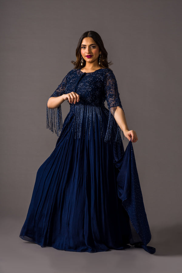 Starlit Night Gown With Aari Beadwork Bodice and Frilled Skirt Stylized With Batwing Sleeves