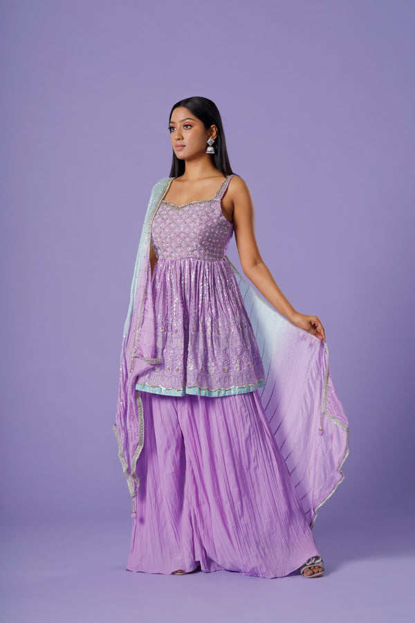 Soothing Lilac Whispers Sharara Suit With Sequins and Zari Kameez and Plain Frilled Sharara