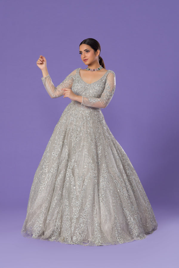 Dusty Moonlight Gown With Chikankari Patterns and Stonework Paired With High Flared Bottom