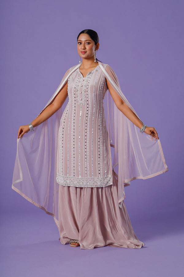 Lilac Misty Landscape Sharara Suit With Mirrorwork Shirt and Plain Silk Frilled Palazzo having Bordered Dupatta