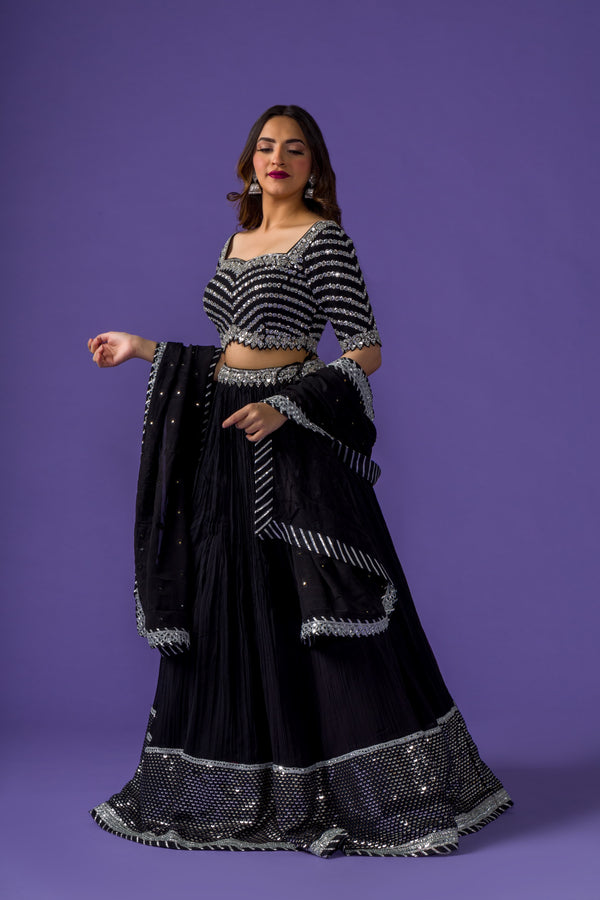 Obsidian Prevalence Lehenga Choli With Silver Gota Embroidery and Mirrorwork Paired With Gota Bordered Dupatta