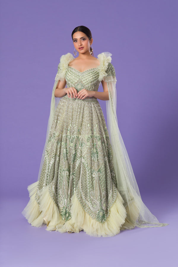 Light Sage Radiance Gown With Massive Beadwork, Sequins, and Cut Dana Finished With Ruffled Hems & Sleeves