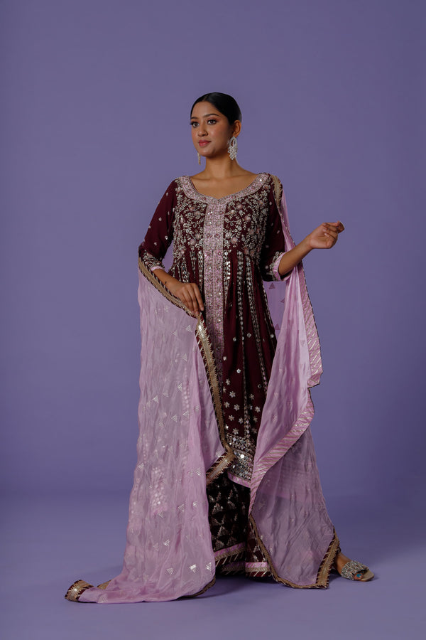 Lavender Wine Fusion Sharara Suit With Zari and Mirrorwork Long Shirt Paired With Sequins Sharara and Levender Dupatta