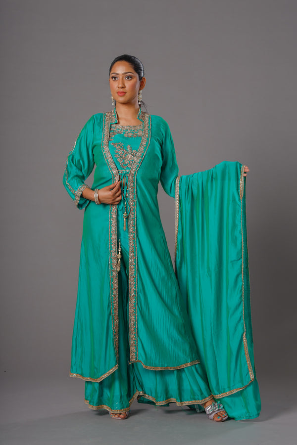 Luxe Teal Temptation Sharara Suit With Tilla Blouse and Palazzo Complemented With Tilla Embellished Shrug