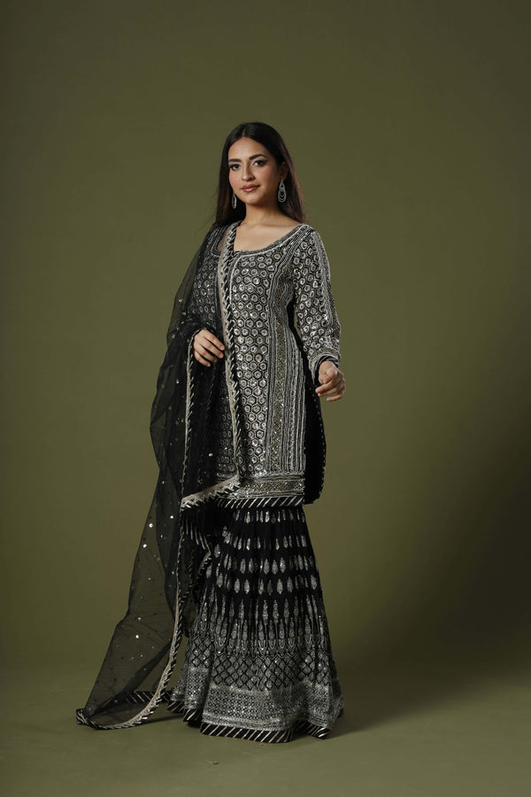 Scintillating Noir Palazzo Suit With Mirrorwork Shirt and Sequins Palazzo Alongwith Guazy Dupatta