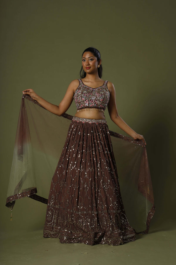 Rich Chocolate Frost Lehenga Choli With Zari Blouse and Sequins Lehenga Paired With Net Dupatta