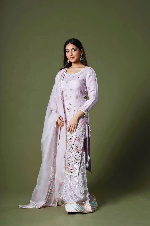 Perennial Phlox Delicacy Sharara Suit With Mirrorwork and Gota Patti Paired With Net Dupatta