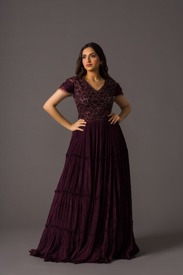 Vintage Wine Cherishment Gown With Aari Beadwork Bodice and Frilled Flare Containing Pleated Half Sleeves