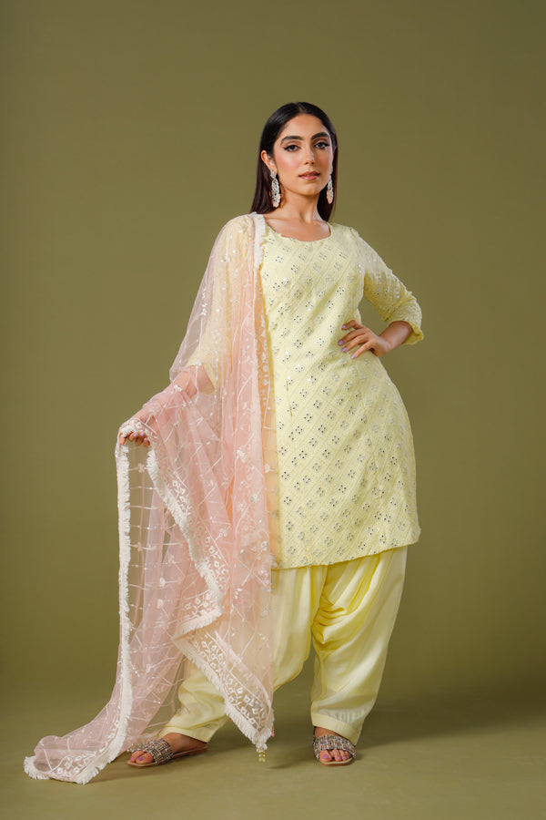 Soft Sunrise Hues Salwar Kameez With Chikankari and Mirrorwork Shirt With Plain Salwar and Fur Bordered Net Dupatta