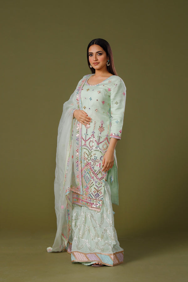 Delicate Pastel Purity Sharara Suit With Mirrorwork in Multicolor Threadwork and Sharara With Silver Gota Patti Work
