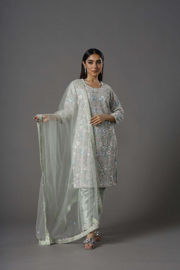 Pastel Serenity Salwar Kameez Suit With Stumpwork, Cut Dana and Sequins on Shirt Alongwith Net Dupatta