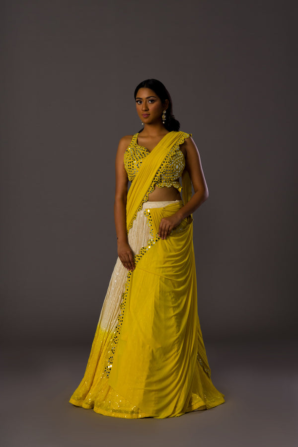 Lively Lemonade Saree With Mirrorwork Blouse and Sequins Gradient Lehenga Containing Mirrorwork Fall