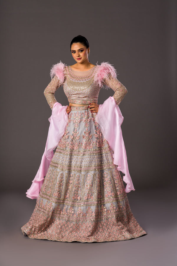 Blossoming Grace Gown With Extensive Gota, Thread, and Sequins Containing Ruffled Sleeves and Furry Shoulders