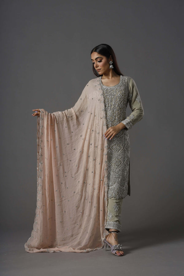 Shadowy Dream Salwar Kameez With Silver Tilla and Beadwork At Shirt Paired With Peach Dupatta