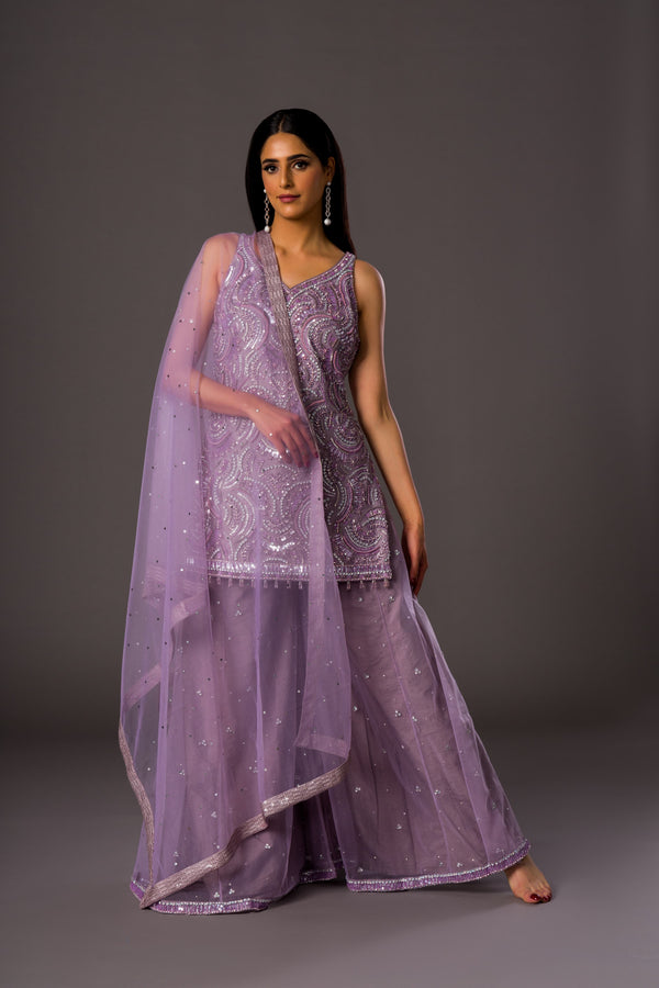 Lilac Delight Palazzo Suit Containing Sequins Shirt, Aari Beads, and Stonework With High Flared Stonework Palazzo