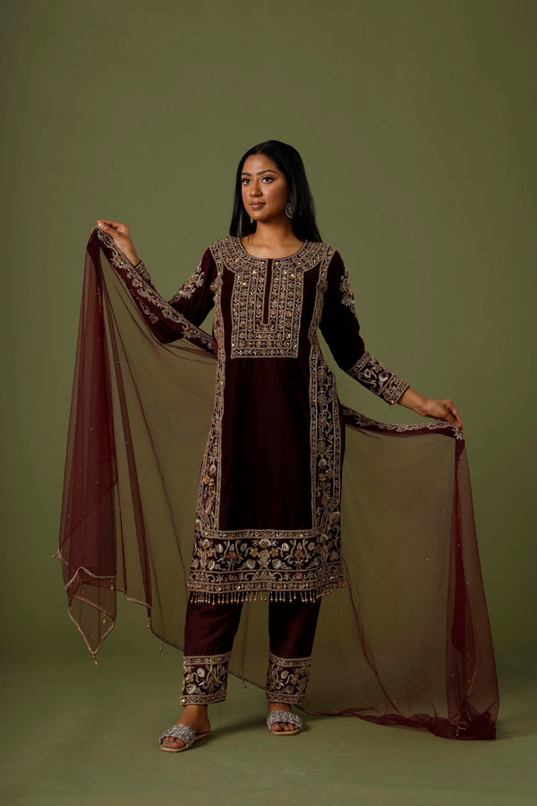 Exquisite Dark Ruby Salwar Kameez With Zari and Tillawork Shirt and Beadwork Bottom Having Net Dupatta