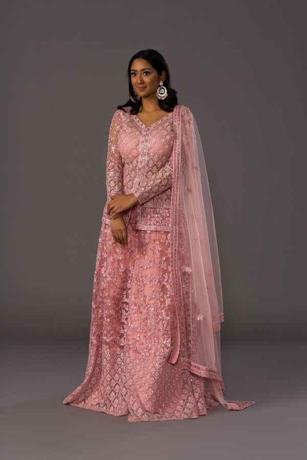 Salmon Sparkle Palazzo Suit With Half Slit Shirt With Silver Tilla and Palazzo Finished With Embroidered patterns