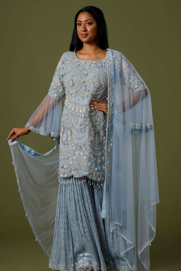 Cosmic Blue Shower Sharara Suit With Silver Tilla and Cut Dana Shirt, Brocade Sharara and Net Dupatta