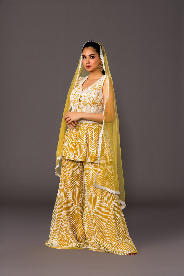Gilded Golden Palazzo Suit With Ornate White Sugar Aari Beading Paired With Bordered Net Dupatta