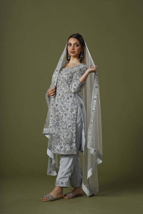 Greyish Silver Luster Salwar Kameez Suit With Cut Dana, Tilla, and Stumpwork Complimented With Net Dupatta