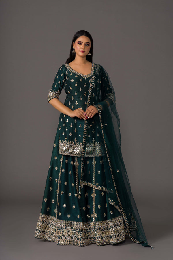 Tarnished Teal Affair Palazzo Suit With Mirrorwork in Detailed Gota Patti Containing Delicate Net Dupatta