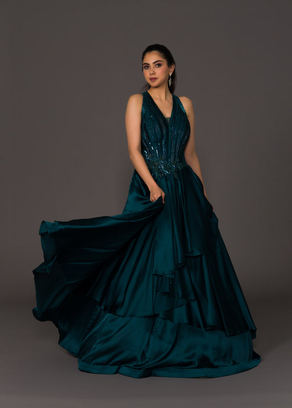 Teal Ambience Gown With Sequins Motif Pleated Bodice and High-flared Ruffled Skirt With Stylish Waistband