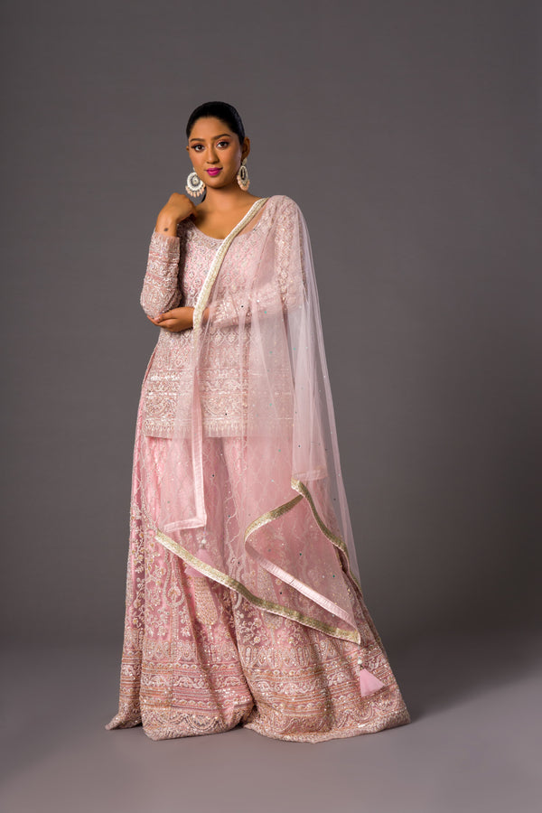 Ethereal Dreamscape Palazzo Suit With Extensive Tilla and Cut Dana on Shirt Paired With Plain Tilla Bordered Dupatta