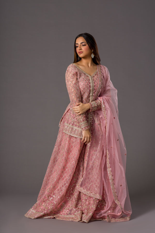 Soft Petal Embrace Palazzo Suit With Tilla Work Finished With Flatback Beads And Sequins Embellished Delicate Net Dupatta