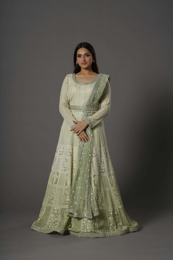 Verdant Pistachio Gown With Sequin Bodice and A-Line Flare APaired With Gota Work Net Dupatta