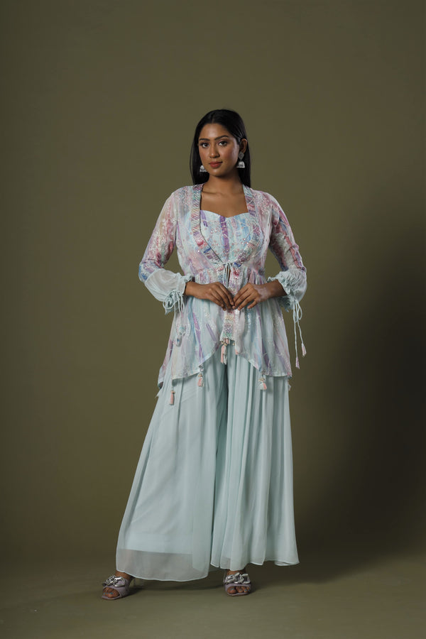 Aqua Kaleidoscope Palazzo Suit With Cut Dana Blouse, High Flared Palazzo and Sequins Shrug