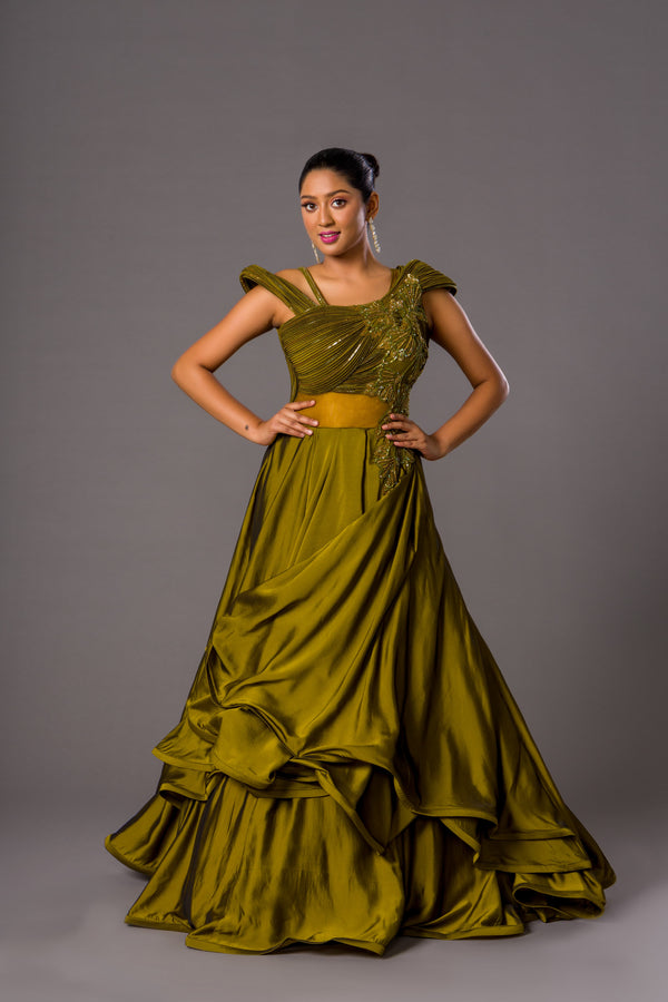 Luminous Olive Gown With Sequins and Cut Dana Embellished Bodice and Silk Ruffled Flared Skirt Stylized