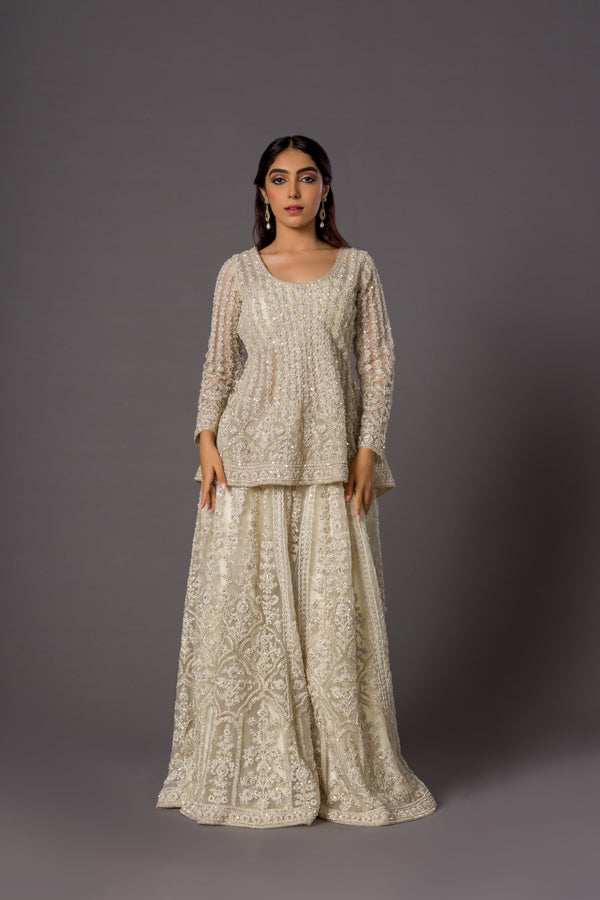 Moonstone Ivory Delight Palazzo Suit With Beadwork Peplum and Sequins Adorned High Flared Palazzo