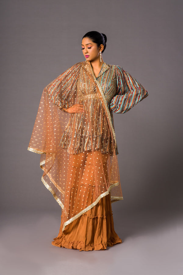 Rust and Sage Harmony Sharara Suit With Multicolored Peplum Shirt With Cut Dana Paired With Frilled Sharara and Net Chunri