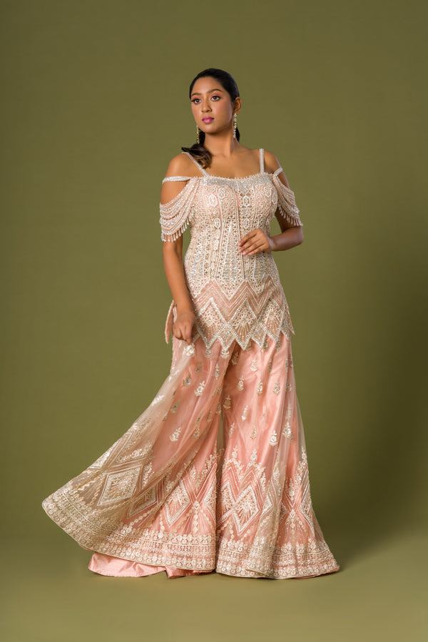 Pinkish Peach Blossom Palazzo Suit With Stonework and Aari Work Shirt and Palazzo With Bordered Net Dupatta