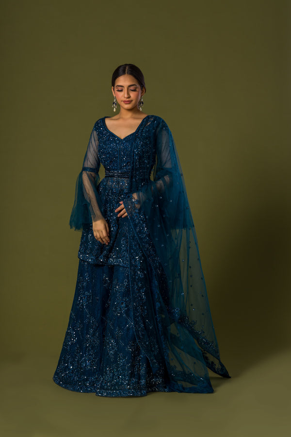 Navy Nights Palazzo Suit With Opulent Sequins and Aari Beading paired With Minimalist Net Dupatta