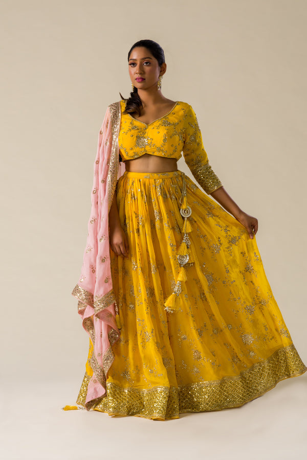 Citrine Dazzle Lehenga Choli With Gota and Sequins Blouse and Patterned Sequins Lehenga With baby Pink Sequin Dupatta