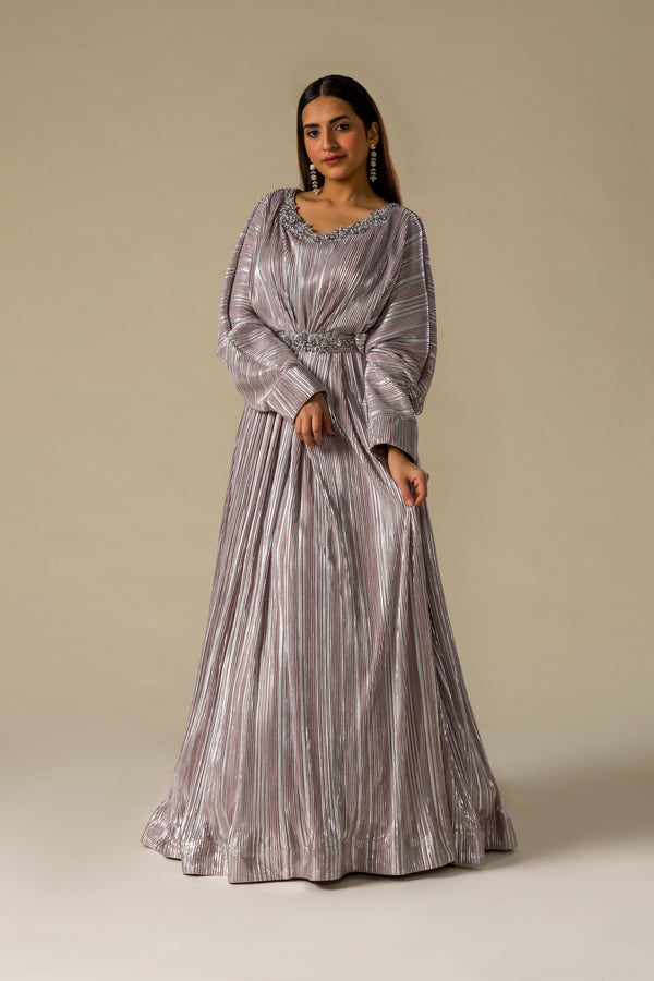 Glamorizing Silver Sparkle Gown With Striped Glittering Gota Patti Lacing Stylized With Cut Dana Neckline