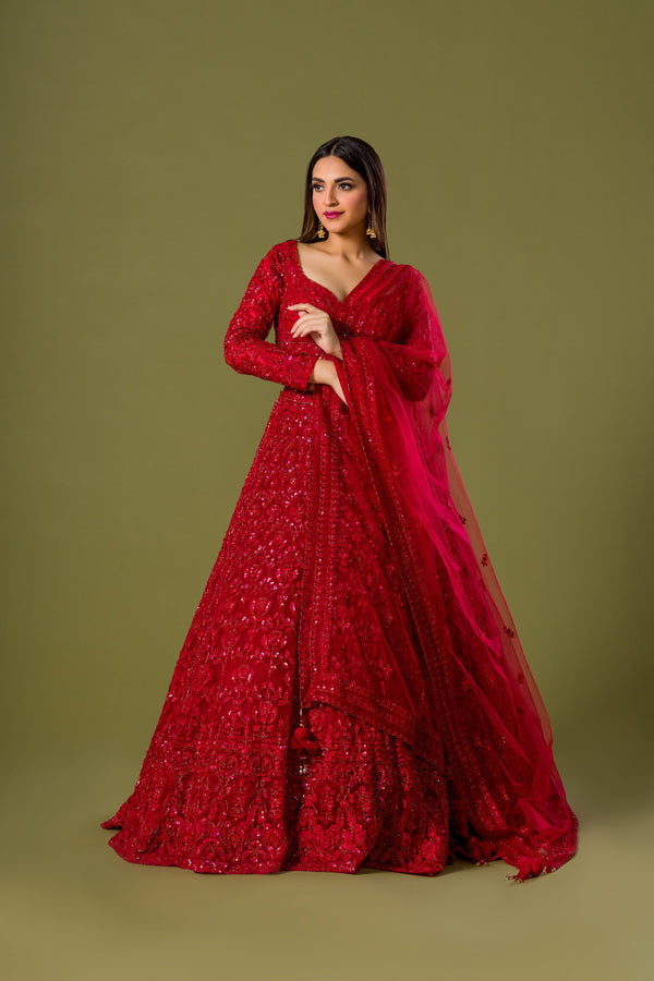 Scarlet Seduction Bridal Lehenga Choli With Carved Embroidery, Beads and Stonework Alongwith Net Dupatta