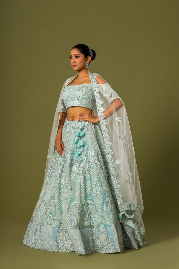 Celestial Sky Blue Lehenga Choli With Lacquer Detailing and Silver Beadwork Containing Subtle Net Dupatta