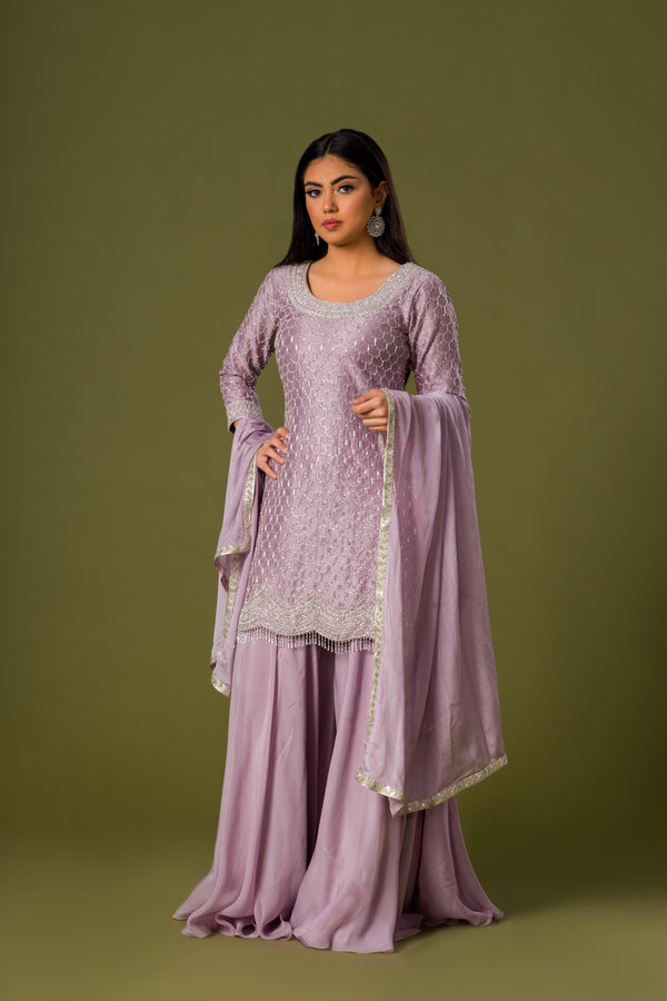 Tranquil Heaven Palazzo Suit With Silver Gota Shirt and High Flare Palazzo With Plain Gota Bordered Dupatta