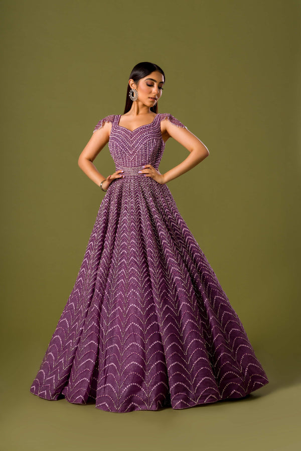 Delicate Mauve Blooms Net Maxi Detailed with Zari Embroidery and Silver Beadwork