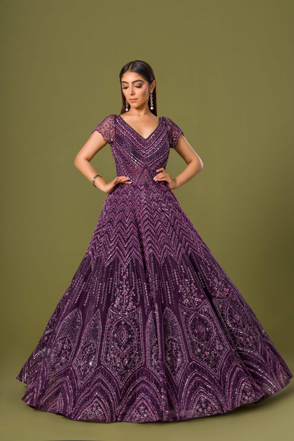 Plum Essence Gown with Zari Embroidery and Cut Dana Detailing